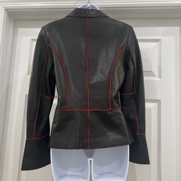 NWOT Ambition New York Sz XS Extra Small Black Leather Jacket Red Trim - Picture 3 of 10